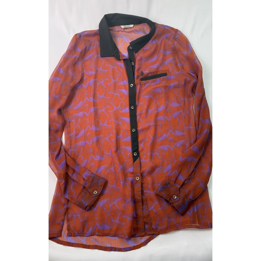 Volcom‎ Sheer Button Front Blouse Orange Purple Abstract Print Lightweight Shirt - Picture 4 of 13